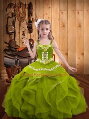 Low Price Sleeveless Organza Floor Length Lace Up Little Girls Pageant Gowns in Olive Green with Embroidery and Ruffles
