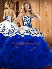 Floor Length Lace Up 15 Quinceanera Dress Blue for Military Ball and Sweet 16 and Quinceanera with Embroidery and Ruffles