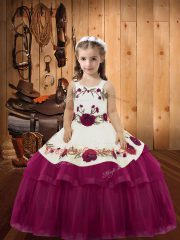 Fuchsia Lace Up Little Girls Pageant Dress Wholesale Embroidery and Ruffled Layers Sleeveless Floor Length
