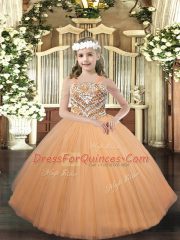 Straps Sleeveless Lace Up Child Pageant Dress Peach Tulle