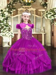 Graceful Floor Length Fuchsia Little Girls Pageant Gowns Straps Sleeveless Lace Up