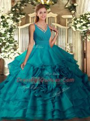 Custom Design Sleeveless Floor Length Ruffles Backless Quinceanera Dress with Teal