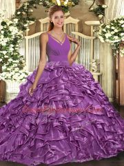 Perfect Sleeveless Taffeta Floor Length Backless Quinceanera Gowns in Lilac with Beading and Ruffles