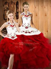 Adorable Wine Red Sleeveless Satin and Organza Lace Up Sweet 16 Dresses for Military Ball and Sweet 16 and Quinceanera