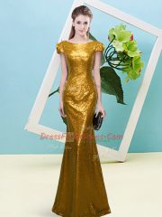 Cheap Floor Length Mermaid Cap Sleeves Gold Prom Dresses Zipper