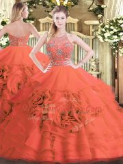 Floor Length Red Ball Gown Prom Dress Tulle Sleeveless Beading and Ruffled Layers