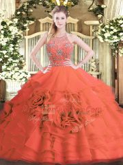 Floor Length Red Ball Gown Prom Dress Tulle Sleeveless Beading and Ruffled Layers