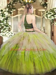 Sleeveless Tulle Floor Length Lace Up Sweet 16 Dresses in Multi-color with Beading and Ruffles
