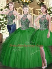 Cheap Ball Gowns Vestidos de Quinceanera Dark Green High-neck Tulle Sleeveless Floor Length Lace Up