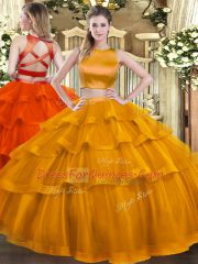 Extravagant Rust Red High-neck Neckline Ruffled Layers Ball Gown Prom Dress Sleeveless Criss Cross