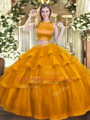 Extravagant Rust Red High-neck Neckline Ruffled Layers Ball Gown Prom Dress Sleeveless Criss Cross