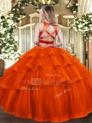 Extravagant Rust Red High-neck Neckline Ruffled Layers Ball Gown Prom Dress Sleeveless Criss Cross