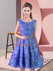 Blue Scoop Neckline Belt Evening Dress Sleeveless Lace Up