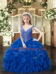 Royal Blue Sleeveless Beading and Ruffles Floor Length Little Girl Pageant Dress
