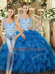 High Quality Floor Length Blue Quinceanera Gown Organza Sleeveless Beading and Ruffles