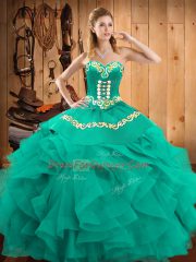 Perfect Turquoise Lace Up Sweetheart Embroidery and Ruffles Quinceanera Dresses Satin and Organza Sleeveless