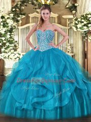 Shining Baby Blue Ball Gowns Sweetheart Sleeveless Organza Floor Length Lace Up Beading and Ruffles Sweet 16 Dress