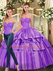 Shining Eggplant Purple Organza Lace Up 15th Birthday Dress Sleeveless Floor Length Beading and Ruffled Layers