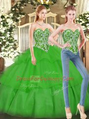 Floor Length Lace Up Sweet 16 Dress Green for Military Ball and Sweet 16 and Quinceanera with Beading and Ruffled Layers