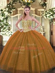 Sweetheart Sleeveless Sweet 16 Dress Floor Length Beading Brown Tulle