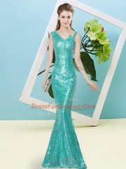 Floor Length Teal Prom Evening Gown Sequined Sleeveless Sequins
