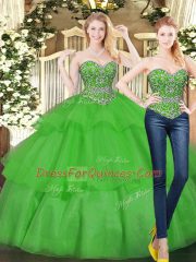 Fabulous Beading and Ruffled Layers Vestidos de Quinceanera Green Lace Up Sleeveless Floor Length