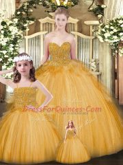 Sleeveless Tulle Floor Length Lace Up Sweet 16 Quinceanera Dress in Gold with Beading and Ruffles