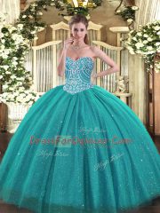 On Sale Turquoise Ball Gowns Tulle Sweetheart Sleeveless Beading Floor Length Lace Up Sweet 16 Dresses