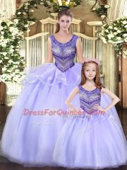 Unique Lavender Ball Gowns Beading and Ruching Sweet 16 Quinceanera Dress Lace Up Tulle Sleeveless Floor Length