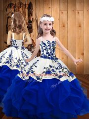 Fancy Royal Blue Sleeveless Embroidery and Ruffles Floor Length Vestidos de Quinceanera