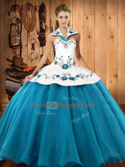 Halter Top Sleeveless Satin and Tulle Sweet 16 Dresses Embroidery Lace Up