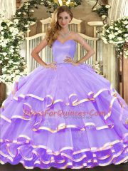 Cheap Lavender Sleeveless Floor Length Ruffled Layers Lace Up Vestidos de Quinceanera