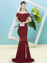 Fitting Burgundy Off The Shoulder Neckline Sequins Evening Dress Short Sleeves Zipper