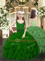Sleeveless Floor Length Beading and Ruffles Zipper Evening Gowns with Dark Green