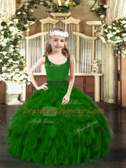 Sleeveless Floor Length Beading and Ruffles Zipper Evening Gowns with Dark Green