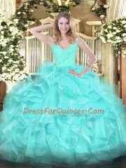 Customized Aqua Blue Sleeveless Ruffles Floor Length Quinceanera Dress