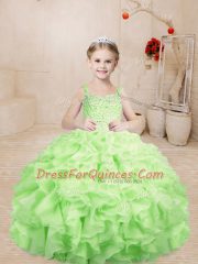 Beautiful Floor Length Yellow Green Pageant Dress for Womens Organza Sleeveless Beading and Ruffles