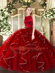 Beauteous Wine Red Ball Gowns Organza Scoop Sleeveless Ruffles Floor Length Clasp Handle Quinceanera Dresses