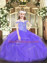 Off The Shoulder Sleeveless Tulle Little Girls Pageant Dress Beading and Ruffles Lace Up