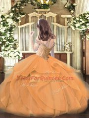 Off The Shoulder Sleeveless Tulle Little Girls Pageant Dress Beading and Ruffles Lace Up