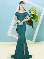 Custom Fit Off The Shoulder Short Sleeves Sweep Train Zipper Prom Evening Gown Turquoise Sequined