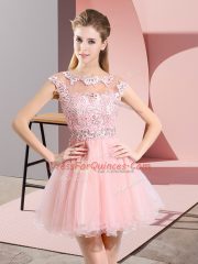 Glittering Baby Pink Court Dresses for Sweet 16 Prom and Party and Wedding Party with Beading and Lace Scoop Sleeveless Side Zipper