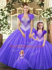 Purple Lace Up Straps Beading Vestidos de Quinceanera Tulle Sleeveless