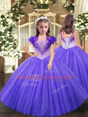 Purple Lace Up Straps Beading Vestidos de Quinceanera Tulle Sleeveless