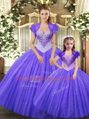 Purple Lace Up Straps Beading Vestidos de Quinceanera Tulle Sleeveless