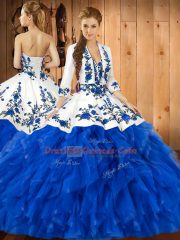 Exceptional Sweetheart Sleeveless Satin and Organza Ball Gown Prom Dress Embroidery and Ruffles Lace Up