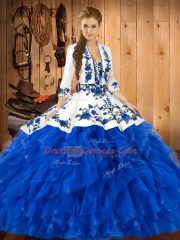 Exceptional Sweetheart Sleeveless Satin and Organza Ball Gown Prom Dress Embroidery and Ruffles Lace Up