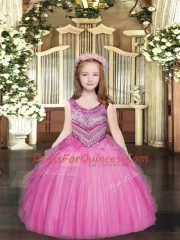 Dramatic Floor Length Rose Pink Little Girl Pageant Gowns Scoop Sleeveless Lace Up