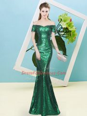 Suitable Dark Green Zipper Homecoming Dress Sequins Short Sleeves Floor Length