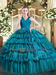 Teal Ball Gowns V-neck Sleeveless Organza Floor Length Zipper Ruffled Layers Quinceanera Dress